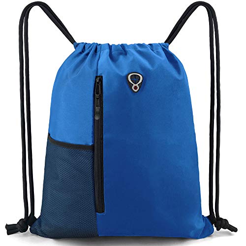 BeeGreen Royalblue Draw Strap Backpack For Men With Water Bottle Pocket &Front Zippered Pocket Large String Bags For Traveling Yoga Beach Outdoor Gym