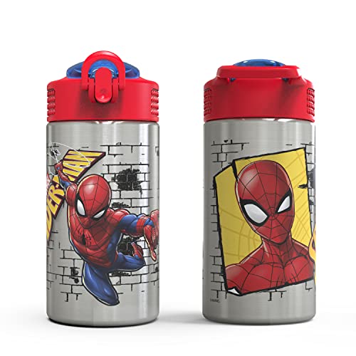 Zak Designs Stainless Steel One Hand Operation Lid and Built-in Carrying Loop Water Bottle with Straw Spout is Perfect for Kids (15.5 oz, BPA Free), 1 Count (Pack of 1), Spiderman
