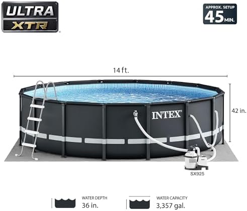 Intex Ultra XTR Frame 14' x 42" Round Above Ground Outdoor Swimming Pool Set with Sand Filter Pump, Ladder, Ground Cloth, and Pool Cover