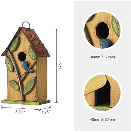 Glitzhome 9.7" H Hanging Birdhouse for Outdoor Patio Garden Decorative Pet Cottage Distressed Wooden Birdhouse, Leaves Rustic Yellow