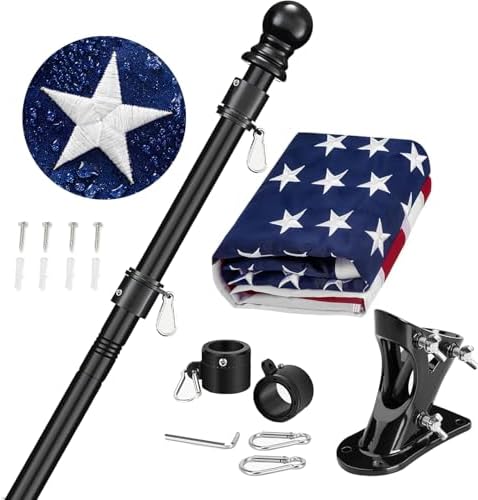 American Flag Pole Kit for House Outside - Black Metal Flagpole 6 FT with Tangle Free Design - 3x5 Embroidered US Flag, Holder Bracket, Ultra Durable Steel for Porch, Tree and More Residential