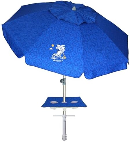 AMMSUN Beach Umbrella With Sand Anchor & Table Tray, 6.5ft Portable Heavy Duty Sun Outdoor Umbrella, UV 50+ Protection, Carry Bag for Patio, Pool and Garden, Blue