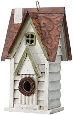 Glitzhome 12" H Washed White Distressed Solid Wood Cottage Birdhouse Hanging Bird House for Outdoors