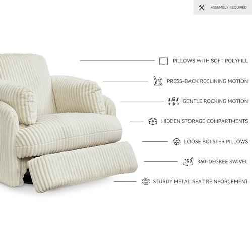 Signature Design by Ashley Tie-Breaker Contemporary Manual Press-Back Swivel Glider Rocker Recliner with 2 Bolster Pillows and Hidden Storage, White