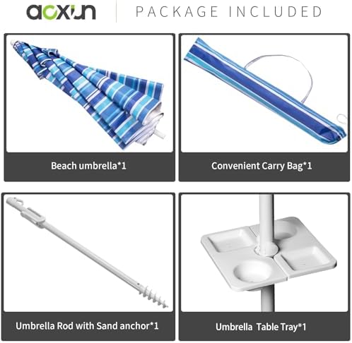 Aoxun 8ft Beach Umbrella with Tray and Tilt Pole Portable Patio Umbrella with Sand Anchor and Carry Bag Outdoor UPF 50+ Sun Shelter with Air Vents Design (Navy Blue)