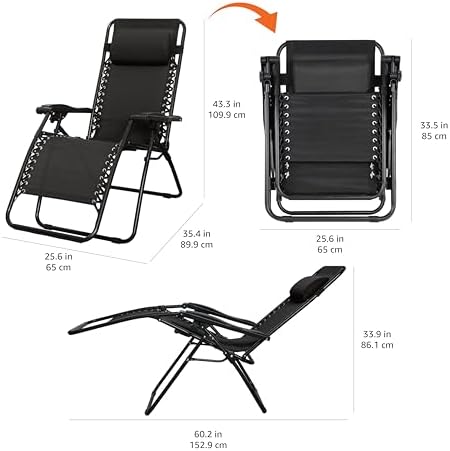 Amazon Basics Outdoor Patio Zero Gravity Lounge Chair with Pillow, Folding Reclining and Textilene Adjustable, Folding Lounge Lawn Chairs for Outside, 26", Black