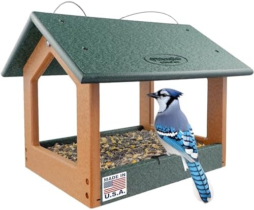 Amish USA Made Recycled Plastic Large Hanging Modern Fly Through Covered Roof Open Platform Tray Bird Feeder for Outdoors, Garden, Yard (Turf Green & Bright Cedar)