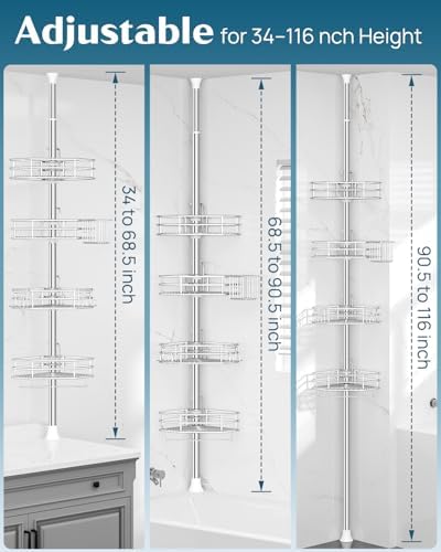 SEIRIONE Corner Shower Caddy Tension Pole, Quick Setup, Rust-Free Bathroom Shower Organizer Corner for Bathtub Shampoo Storage, 4-Tier Adjustable Shelf, Drill Free, Fits 34 to 116 Inch Height, Silver