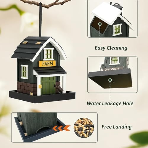 Birdfeeder for Outside, Hanging Bird Feeder for Outdoor, Decorative Colorful Bird House for Garden, Pole Post Mountable Birdfeeder, Solid Cedar Wood Longtime Weatherable (Farm House)