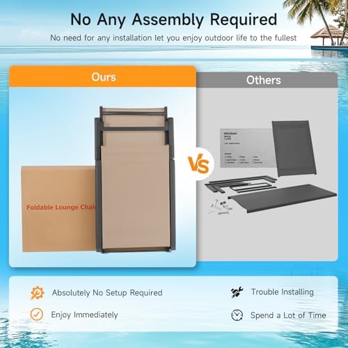 Aluminum Chaise Lounge Chair Outdoor, Foldable & Assembly Free Outdoor Lounge Chair with 5 Position Adjustable Backrest, Patio Pool Lounge Chairs for Outside Poolside Beach Lawn, 1PC, Khaki