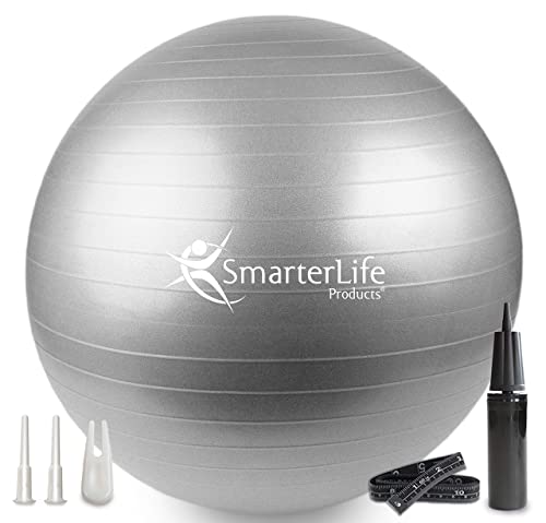 SmarterLife Workout Exercise Ball for Fitness, Yoga, Balance, Stability, or Birthing, Great as Yoga Ball Chair for Office or Exercise Gym Equipment for Home, Non-Slip Design (45 cm, Silver)