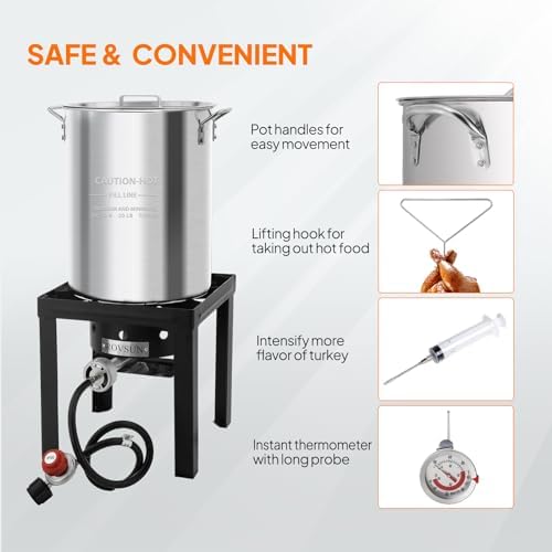 ROVSUN 30QT Turkey Fryer & 10QT Fish Fryer Kit w/ 55,000BTU Propane Stove, Aluminum Outdoor Deep Fryer & Seafood Boiler Steamer w/Baskets, Thermometer, Marinade Injector, Turkey Rack & Rack Lifter