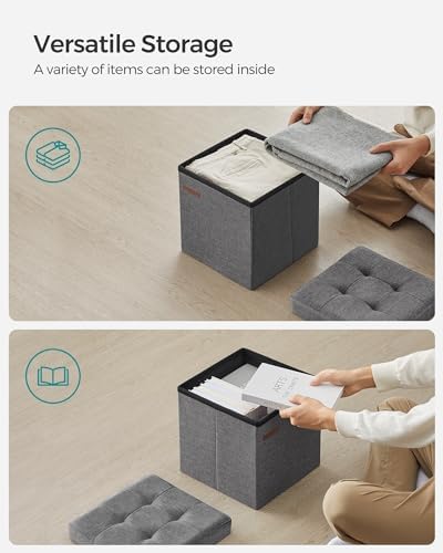 SONGMICS 11.8 Inches Small Folding Storage Ottoman Cube, Storage Footrest, Foot Rest Stool, for Living Room, Bedroom, Dorm, Dark Gray ULSF028G01