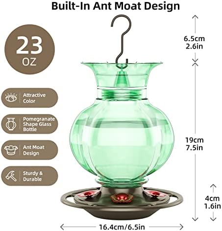 Auslar Hummingbird Feeder, Green Glass Hummingbird Feeder for Outdoors Hanging with Ant Moat, 5 Simulation Flowers Feeding Ports, 23 Ounces, Rustproof, Fade Proof, Pomegranate Shape, 2 Pack