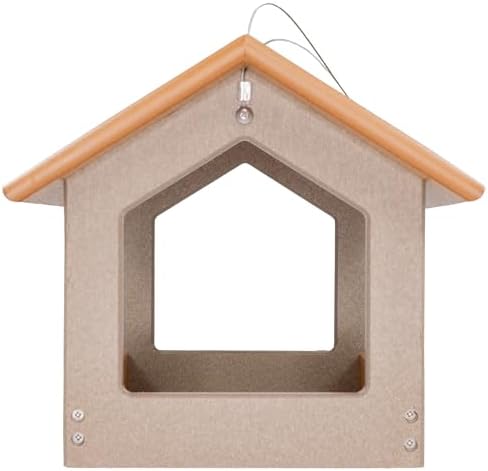 Amish USA Made Recycled Plastic Large Hanging Modern Fly Through Covered Roof Open Platform Tray Bird Feeder for Outdoors, Garden, Yard (Cedar & Weatherwood)