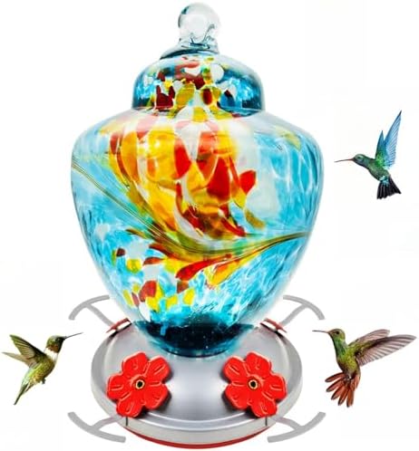 REZIPO Hummingbird Feeder with Perch - Hand Blown Glass - Blue - 38 Fluid Ounces Hummingbird Nectar Capacity Include Hanging Wires and Moat Hook