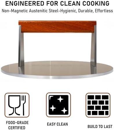 Smash Burger Press, 3.8-Lb Burger Smasher, 9-Inch Bacon Press for Batch Cooking, Stainless Steel, Easy to Clean and Seasoning Free, Heatable for Searing Panini, Steak, Chicken, Fish, Round