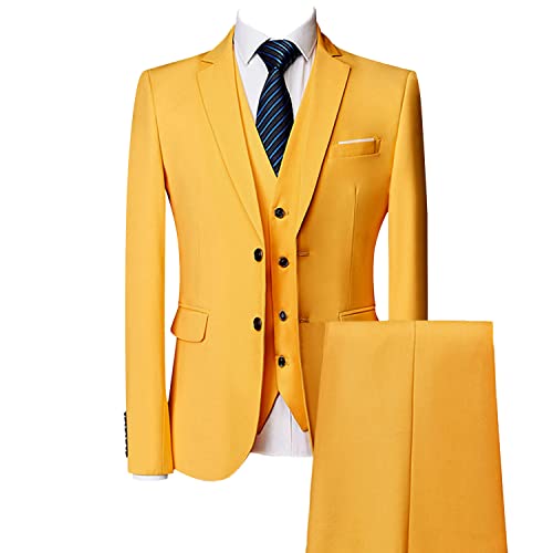 Casual 2 Button Suits for Men Slim Fit Notched Lapel Business Sets Solid Color Wedding Formal Jacket Vest Pants (Yellow,Medium)