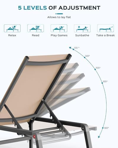 Aluminum Chaise Lounge Ourdoor - Foldable & Assemble Free Outdoor Lounge Chair with 5 Adjustable Backrest, Patio Lounge Chair for Outside Poolside Beach Pool, Khaki