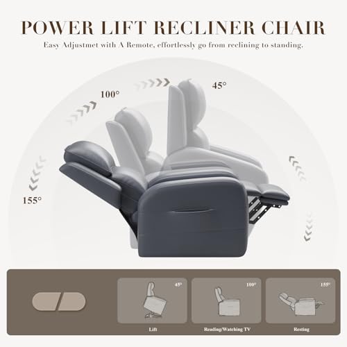COLAMY Power Lift Recliner Chair for Elderly – Electric Leather Recliner with Remote Control, Ergonomic Backrest, Spacious Seat, Side Pocket & 2-Button Operation, 300lbs Capacity (Grey)