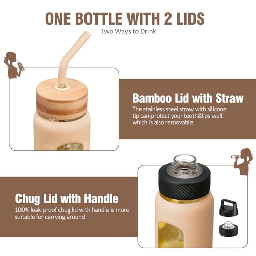 Kodrine 24 oz Glass Water Bottle with Straw, Clear Water Bottle Chug Lid and Bamboo Straw Lid, Borosilicate Glass Bottle 2 Lids Handle Top, Wide Mouth Water Bottle With Silicone Sleeve, Amber