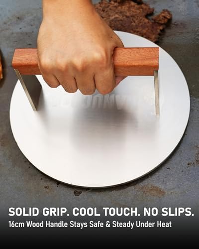 Smash Burger Press, 3.8-Lb Burger Smasher, 9-Inch Bacon Press for Batch Cooking, Stainless Steel, Easy to Clean and Seasoning Free, Heatable for Searing Panini, Steak, Chicken, Fish, Round