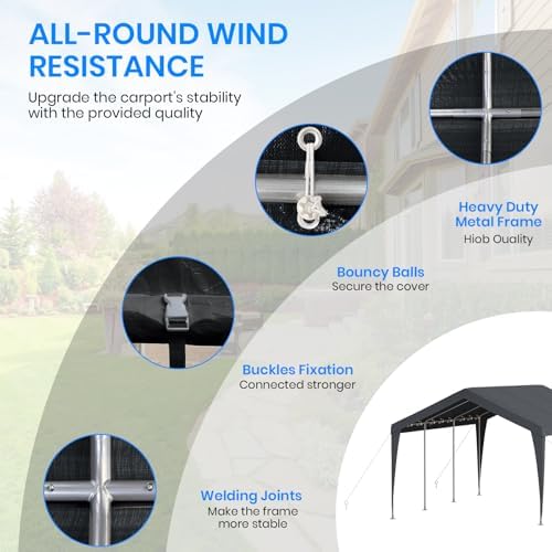 Carport 10x20 Heavy Duty Portable Garage,Galvanized Frame Carport Canopy,Portable Garages and Shelters with 8 Leg&4 Wind Rope,Car Tent Garage with All-Season Tarp for Boat Truck Bike,Without Sidewall