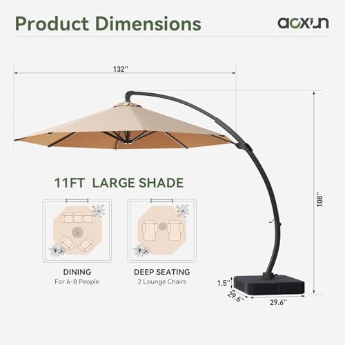 Aoxun 11 FT Cantilever Umbrella with Base Included, Patio Large Aluminum Offset Umbrella Windproof with 360°Rotation, Heavy Duty Frame for Outdoor, Pool, Deck and Garden