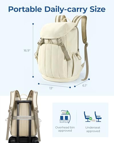 BAGSMART Backpack for Women, Wide Opening Travel Backpack, College Backpack for 15.6 Inch, Water-Resistant Quilted Daypack Lightweight Bookbag, Beige