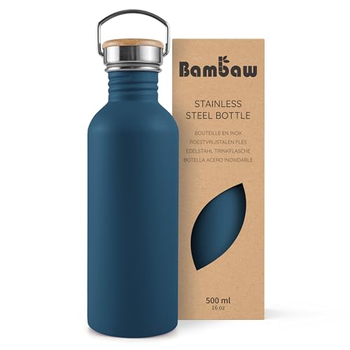 Bambaw Small Metal Water Bottle 16 oz, Navy Blue Water Bottle Dishwasher Safe, Non-insulated Single Wall Stainless Steel Bottle, Small Water Bottle Reusable, Water Bottle no Straw – Aegean Blue