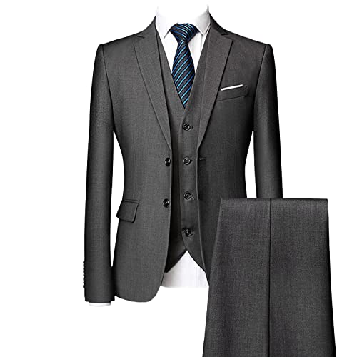 Casual 2 Button Suits for Men Slim Fit Notched Lapel Business Sets Solid Color Wedding Formal Jacket Vest Pants (Grey,Medium)