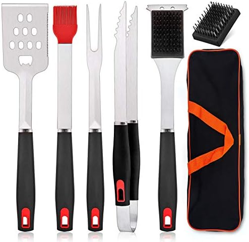 HaSteeL BBQ Grill Accessories Set of 7, Stainless Steel Grilling Tools Set with Storage Bag, Heavy Duty Grill Spatula, Tong, Fork, Basting Brush, Cleaning Brush, Dishwasher Safe & Man’s Gift
