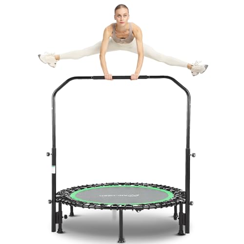 ANCHEER 40" Foldable Mini Trampoline - Max Load 350lbs - 450lbs Indoor Trampoline - with 4 Level Adjustable Foam Handle and Resistance Bands - Adult Exercise Trampoline for Home, Gym and Garden(Blue)