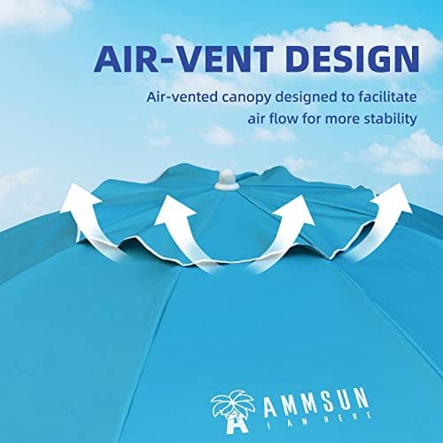 AMMSUN 6.5 Foot Heavy Duty Beach Umbrella for Sand with tilt Air Vent Sun Shelter, UV 50+ Protection Outdoor Sunshade Umbrella with Carry Bag for Patio Garden Beach Pool Backyard Sky Blue