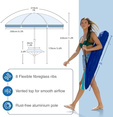 AMMSUN 7ft Heavy Duty High Wind Beach Umbrella with sand anchor, Built-in Table Tray Vent Tilt Pole, UPF 50+ Windproof Portable Outdoor Umbrellas Carry Bag for Patio Garden Pool Backyard stripe