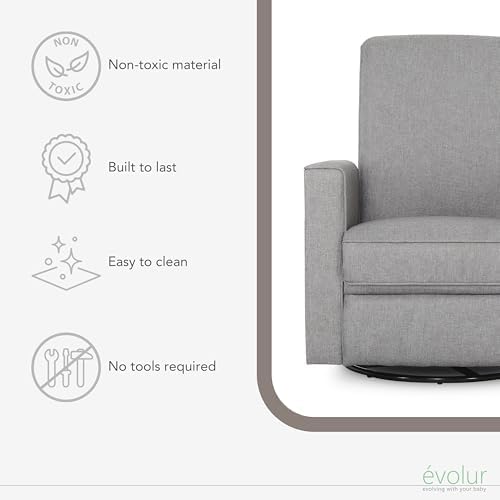Evolur Raleigh Glider in Light Grey, Upholstered Plush Seating 360° Swivel Glider Rocking Chair, FSC Certified, Greenguard Gold & JPMA Certified Nursery Glider Recliner