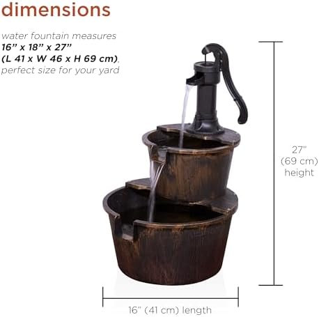Alpine Corporation - Outdoor Rustic 2-Tiered Barrel and Pump Water Fountain – Bronze Finish, Relaxing Water Flow, Ideal for Garden, Patio, & Yard Décor, 27"H