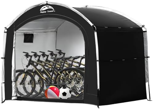Happy Travel Bike Storage Tent Shed, Outdoor Waterproof Bicycle Covers Shelter with Window for 2/4/6/8 Bikes,Oversized Outside Portable Sheds for Lawn Mower,Garden Tools (Black)