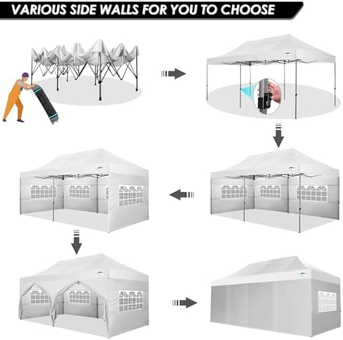 COBIZI 10x20 Heavy Duty Pop up Canopy Tent with 6 sidewalls Easy Up Commercial Outdoor Wedding Party Tents for Parties All Season Wind & Waterproof Gazebo Roller Bag,White(Frame Thickened)
