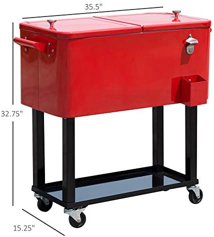 Outsunny 80 QT Rolling Cooling Bins Ice Chest on Wheels Outdoor Stand Up Drink Cooler Cart for Party, Red