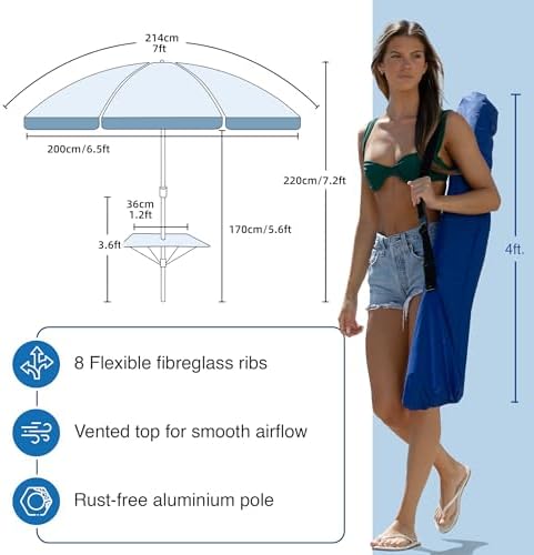 AMMSUN 7ft Heavy Duty High Wind Beach Umbrella with sand anchor, Built-in Table Tray Vent Tilt Pole, UPF 50+ Windproof Portable Outdoor Umbrellas Carry Bag for Patio Garden Pool Backyard Navy