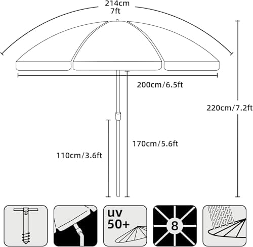 AMMSUN 7ft Heavy Duty High Wind Beach Umbrella Parasols with sand anchor Vent Tilt Sun Shelter, UV 50+ Protection Portable Outdoor Sunshade Umbrellas Carry Bag for Patio Garden Pool Backyard Red