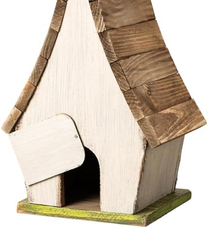 Glitzhome Bird Houses for Outside, 9.5" H Hanging Bird House Distressed Solid Wood Decorative Garden Birdhouse for Outdoors with Natural Wood Pallet Roof and 3D Tree,Washed White