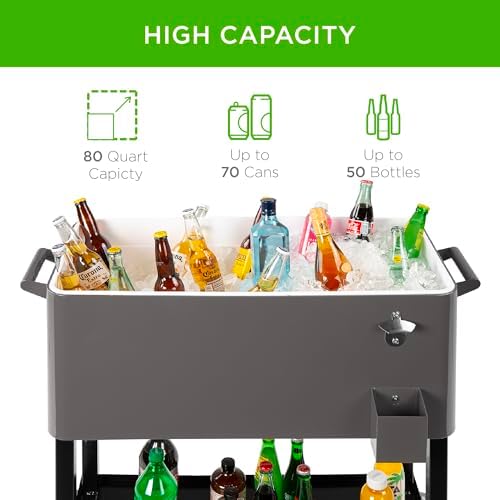 Best Choice Products 80-Quart Outdoor Steel Rolling Cooler Cart w/Ice Chest, Bottle Opener, Catch Tray, Drain Plug, Locking Wheels