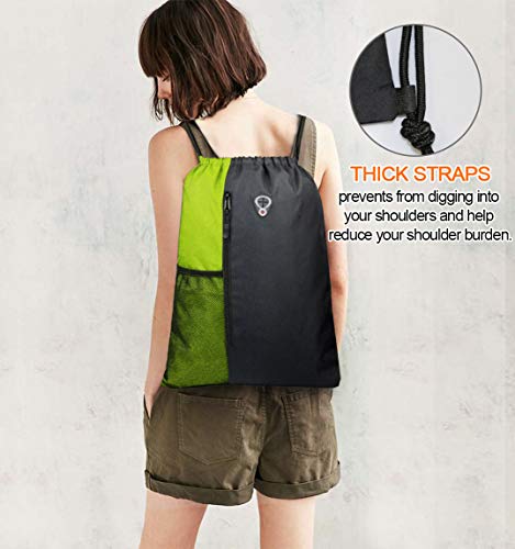 BeeGreen Lime Gym Bag Drawstring Backpack for Women Sports Backpack Workout Bag With 2 Water Bottle Mesh Pockets And Two Zipper Pockets