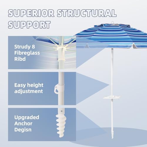 Aoxun 8ft Beach Umbrella with Tray and Tilt Pole Portable Patio Umbrella with Sand Anchor and Carry Bag Outdoor UPF 50+ Sun Shelter with Air Vents Design (Navy Blue)