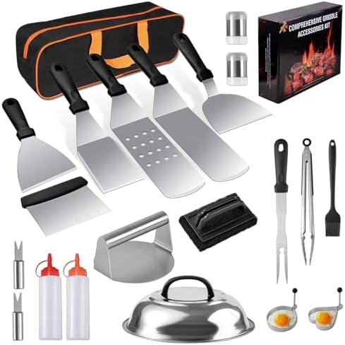 22PCS Blackstone Griddle Accessories, Flat Top Grill Accessories for Blackstone and Camp Chef, Griddle Spatula Set with Metal Spatula, Enlarged Spatulas, Basting Cover, Scraper for Outdoor Barbecue