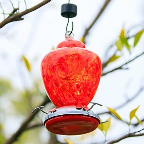REZIPO Hummingbird Feeder with Perch - Hand Blown Glass - Red - 38 Fluid Ounces Hummingbird Nectar Capacity Include Hanging Wires and Moat Hook