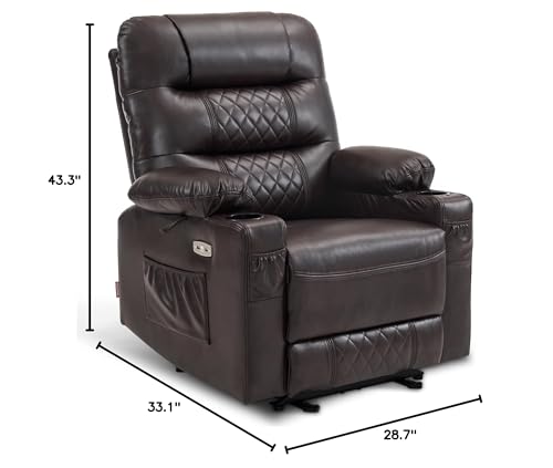MCombo Zero Gravity Power Recliner Chair with Heat and Vibration Massage, Reclining Chair with USB Ports, Cup Holders for Living Room, Faux Leather PR621 (Brown)