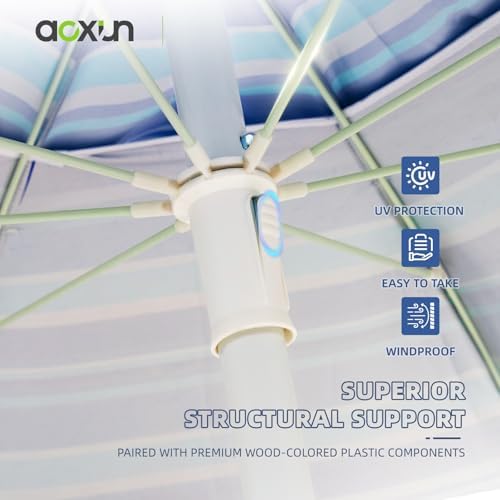 Aoxun 8ft Beach Umbrella with Tray and Tilt Pole Portable Patio Umbrella with Sand Anchor and Carry Bag Outdoor UPF 50+ Sun Shelter with Air Vents Design (Navy Blue)